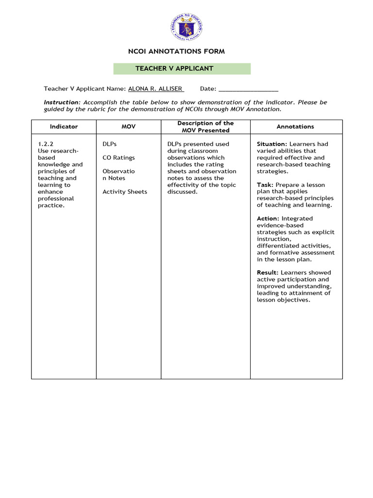 NCOI Annotations Form for Teacher V | PDF | Educational Assessment ...