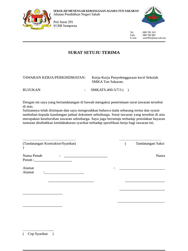 Surat Setuju Terima Kontrak | PDF