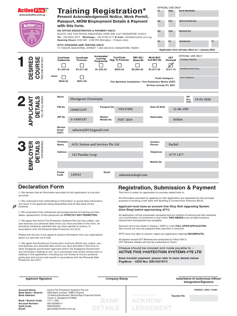 Active Fire Training Registration Form | PDF | Payments | Cheque