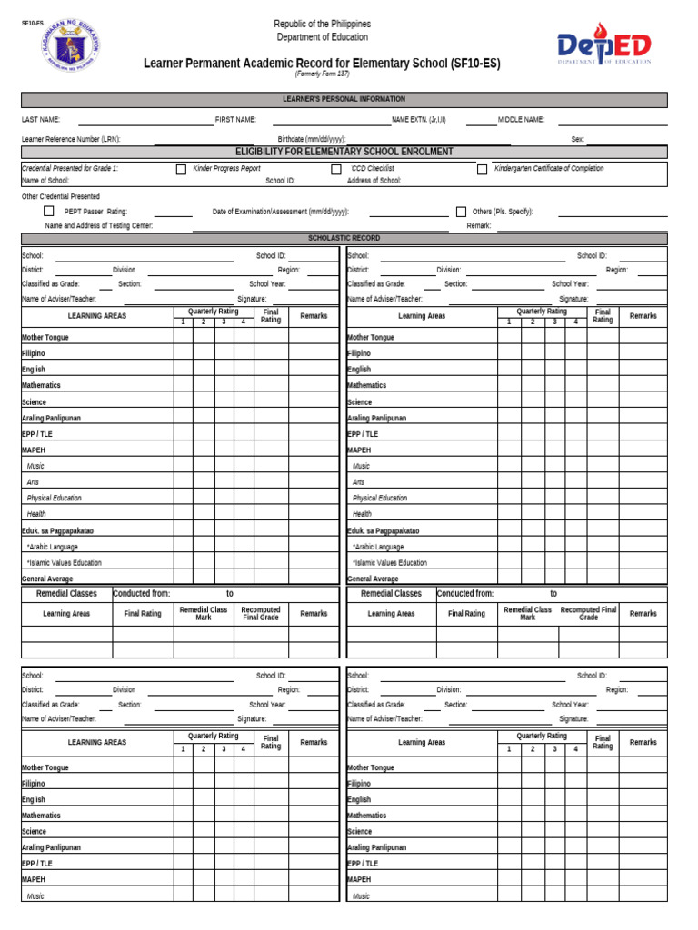 School Form 10 ES Learners Academic Permanent Record | PDF | Cognition ...