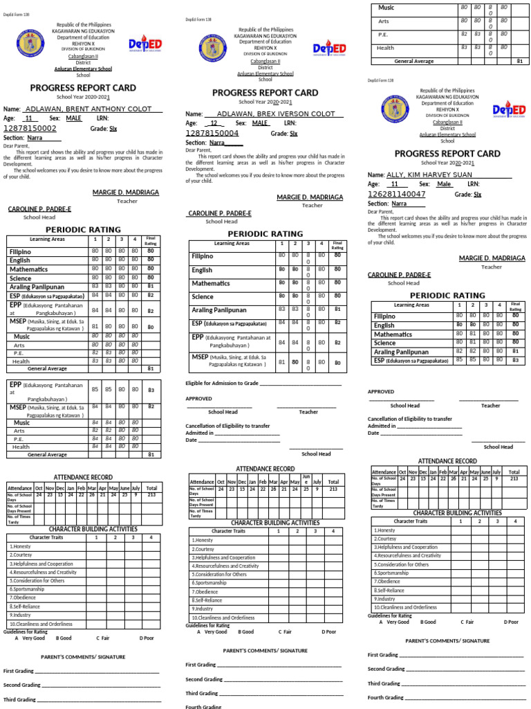 DepEd Form 138 Progress Report Card | PDF | Schools