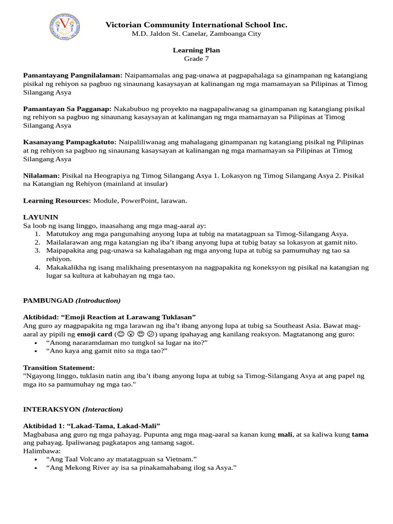 VCIS-Q1-L1-Grade 7 Arpan Lesson Plan | PDF