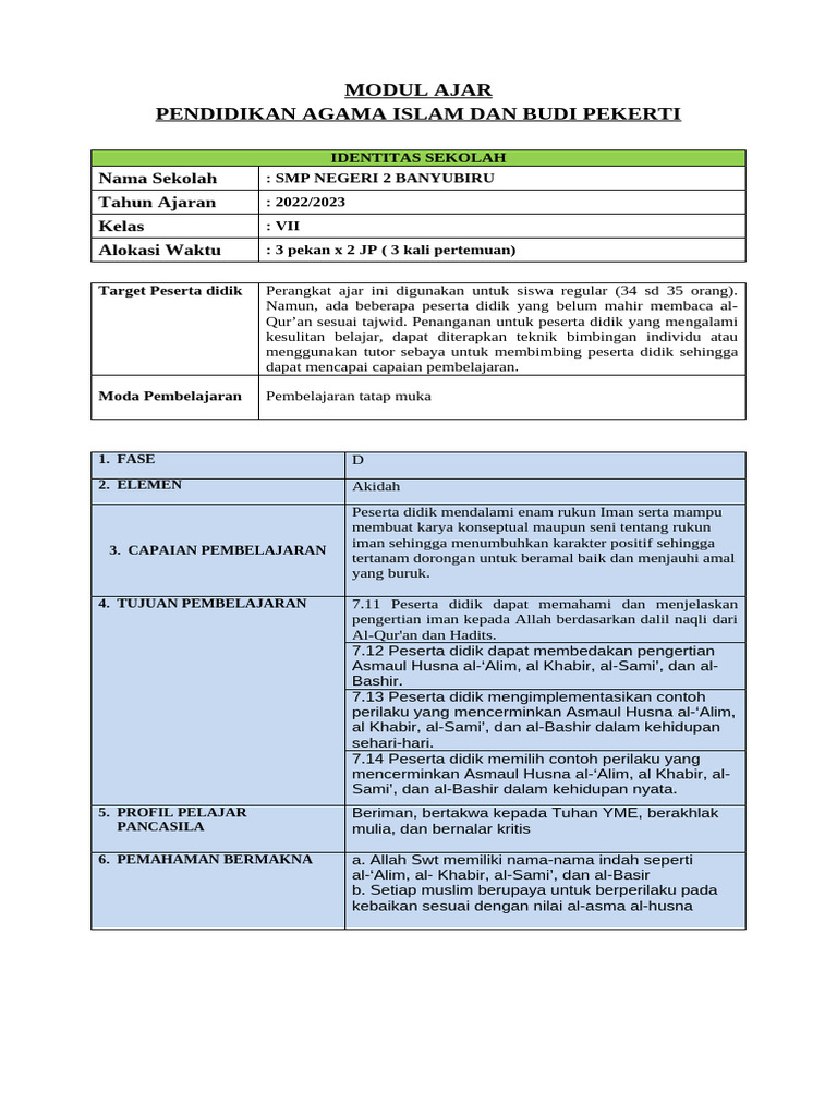 Modul Ajar PAI Kelas VII SMP 2 Banyubiru | PDF