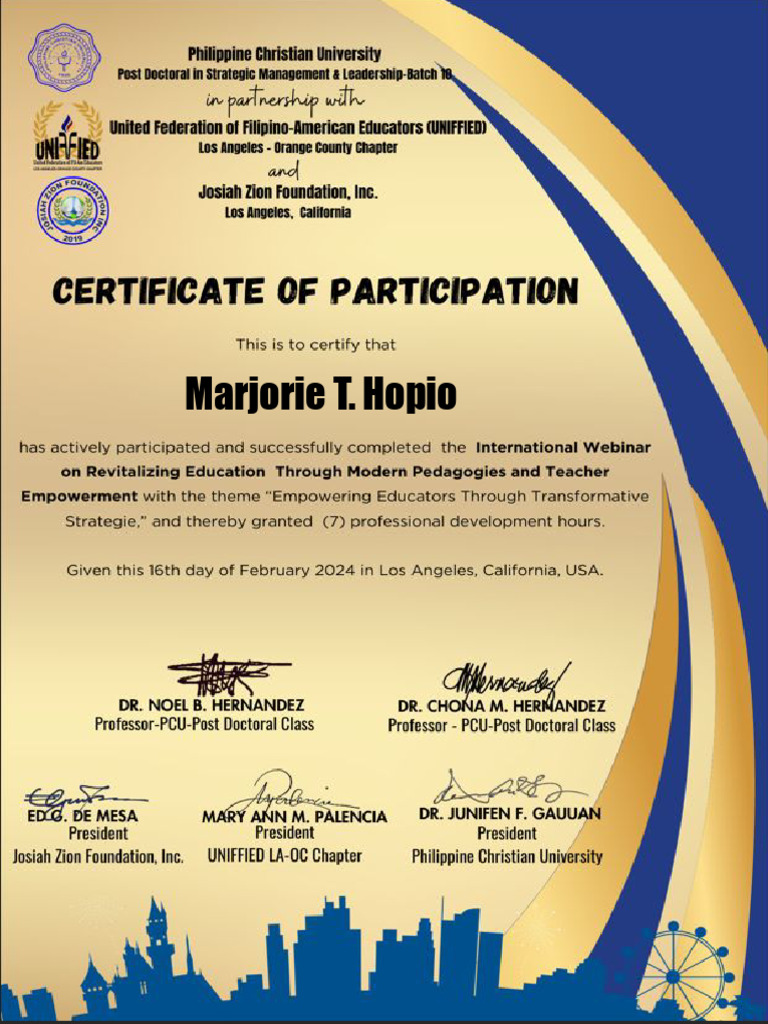 Certificate For Marjorie T. Hopio For - Post-Evaluation For Interna ...