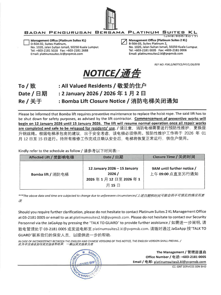 Notice 078 - PSKL 2 Notice - BLOCK B (PL-2) Lift Closure Notice | PDF
