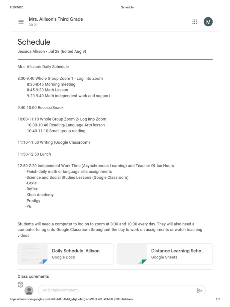 Mrs. Allison's Third Grade Daily Schedule | PDF
