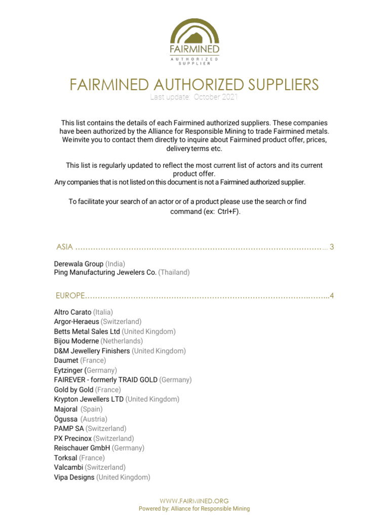 Fairmined Authorized Supplier List 4 | PDF | Fineness | Gold