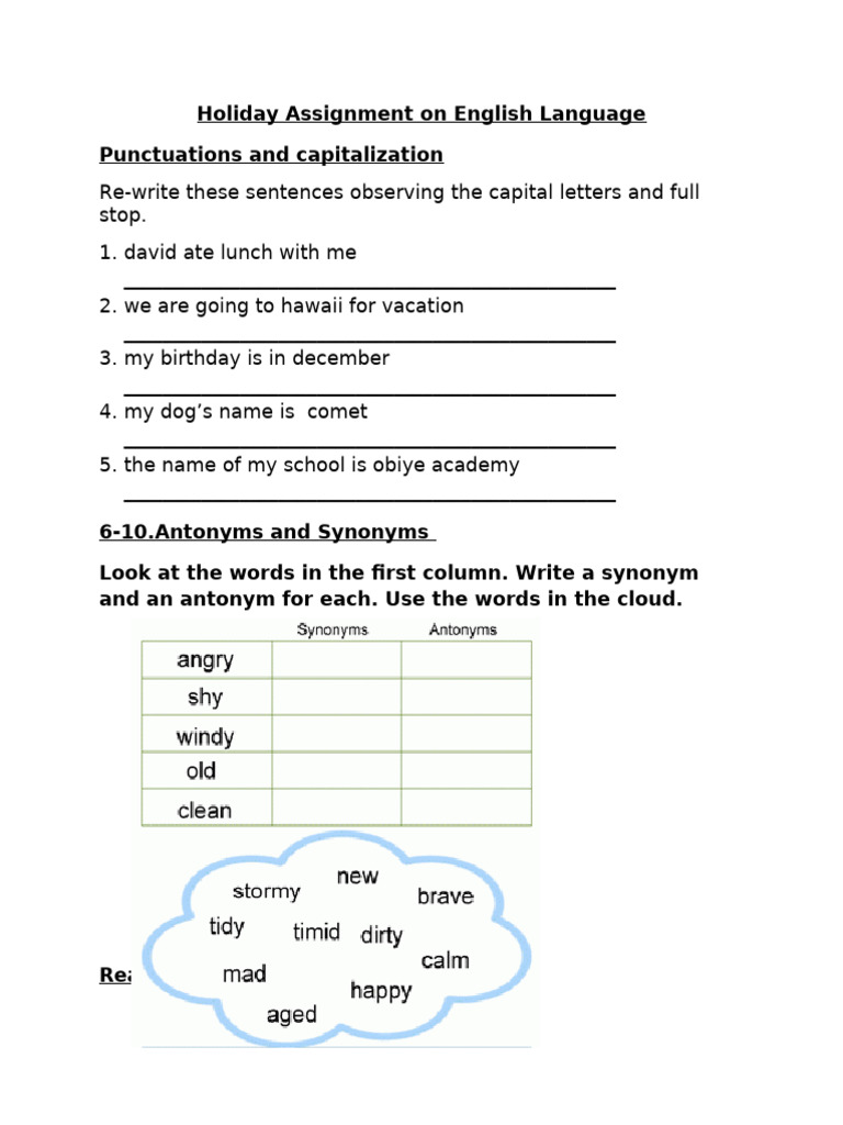 Primary 1 English Holiday Assignment | PDF