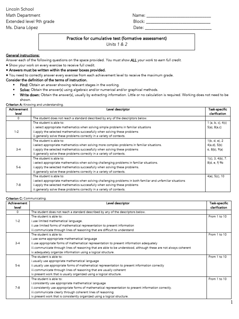 9th Grade Math Assessment Guide | PDF | Mathematics | Information