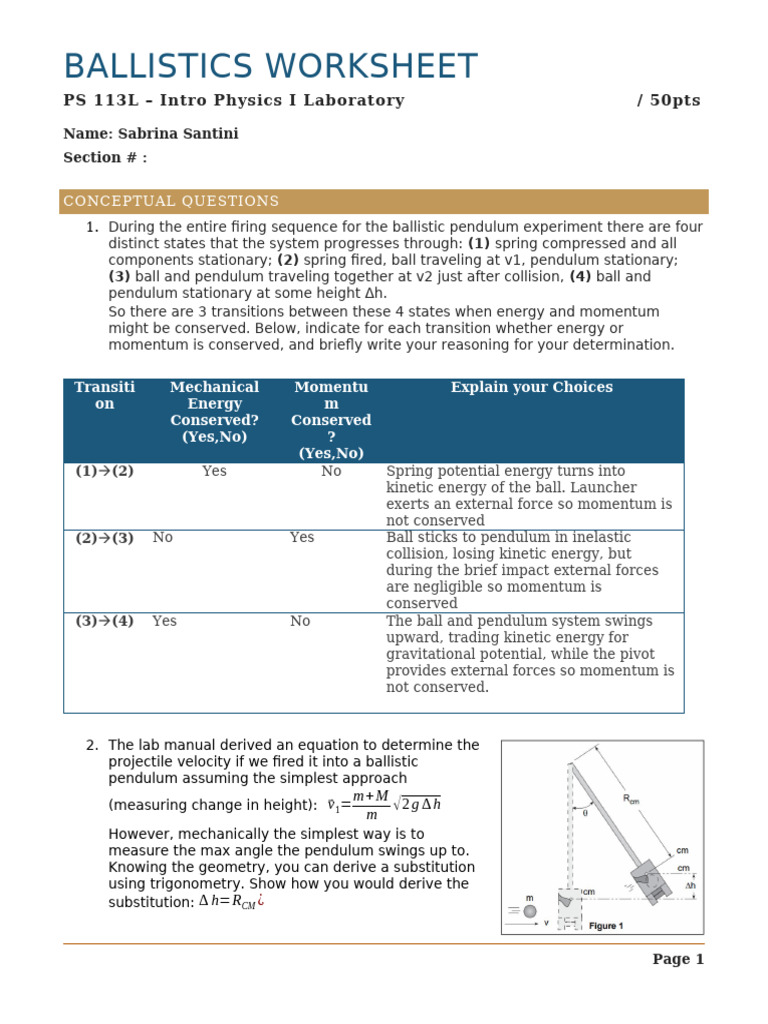Ballistic Pendulum Experiment Analysis | PDF | Momentum | Pendulum