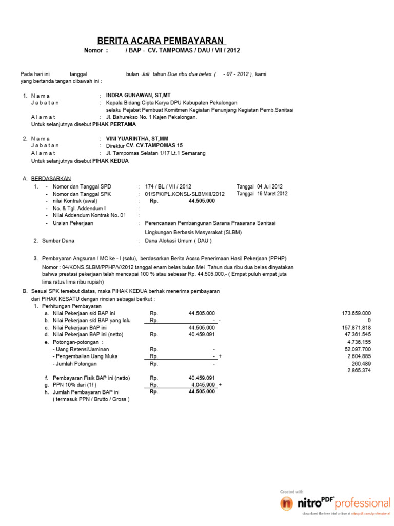 Bap Cv. Tampomas Kegiatan Penunjang Keg SLBM 20-12 100 % | PDF