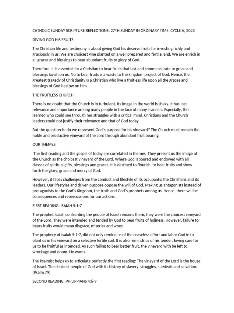 Catholic Sunday Scripture Reflections 27 Sunday in Ot 2023 | PDF ...