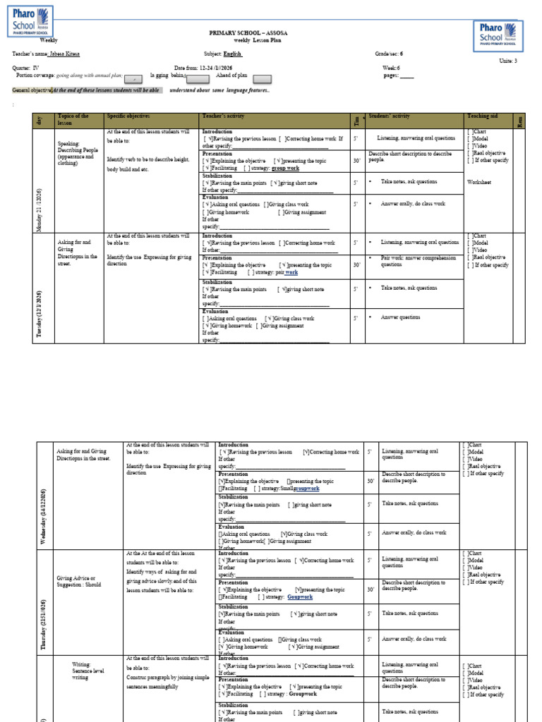 Grade 6 English Weekly Lesson Plan | PDF | Lesson Plan | Education Theory
