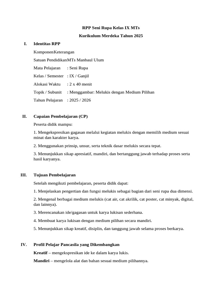 RPP Seni Rupa Kelas IX Kurikulum 2025 | PDF