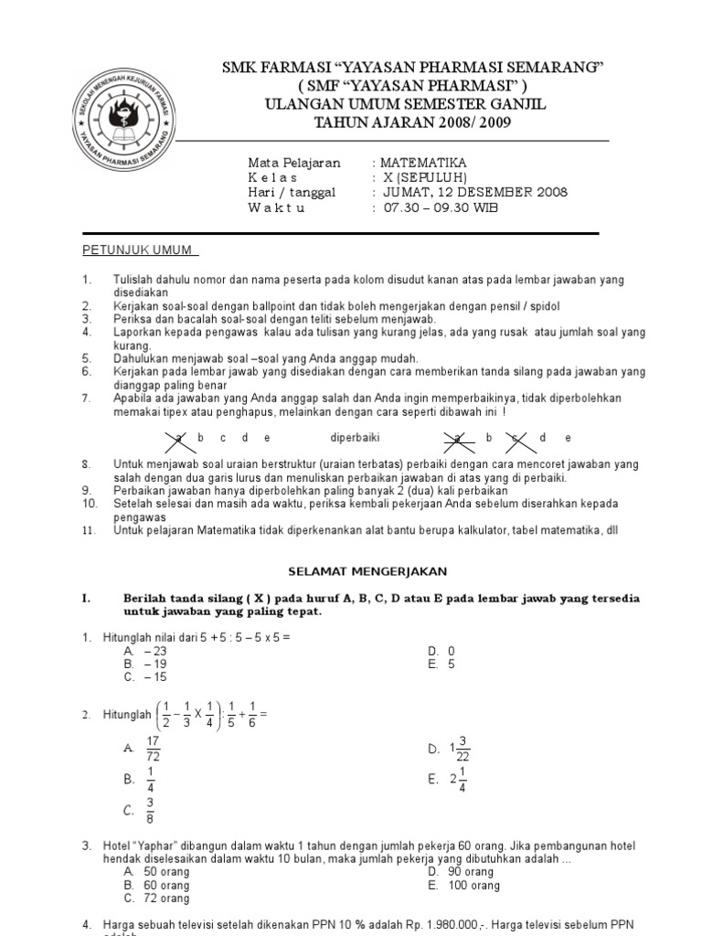 Soal Smt Ganjil Matematika Kl X 0809
