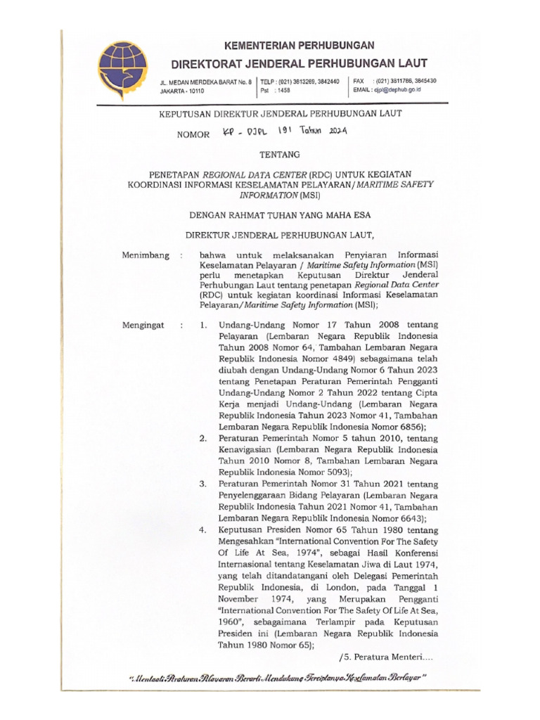 KP-DJPL 191 2024 Penetapan RDC Untuk Kegiatan Koordinasi MSI | PDF