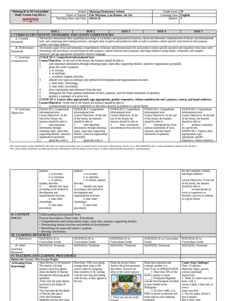 Grade IV English Daily Lesson Log | PDF | Reading Comprehension ...