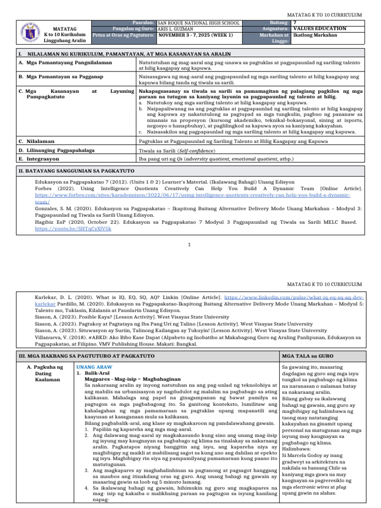 W1.DLL Matatag - Values Education 7 Q3 W1 | PDF