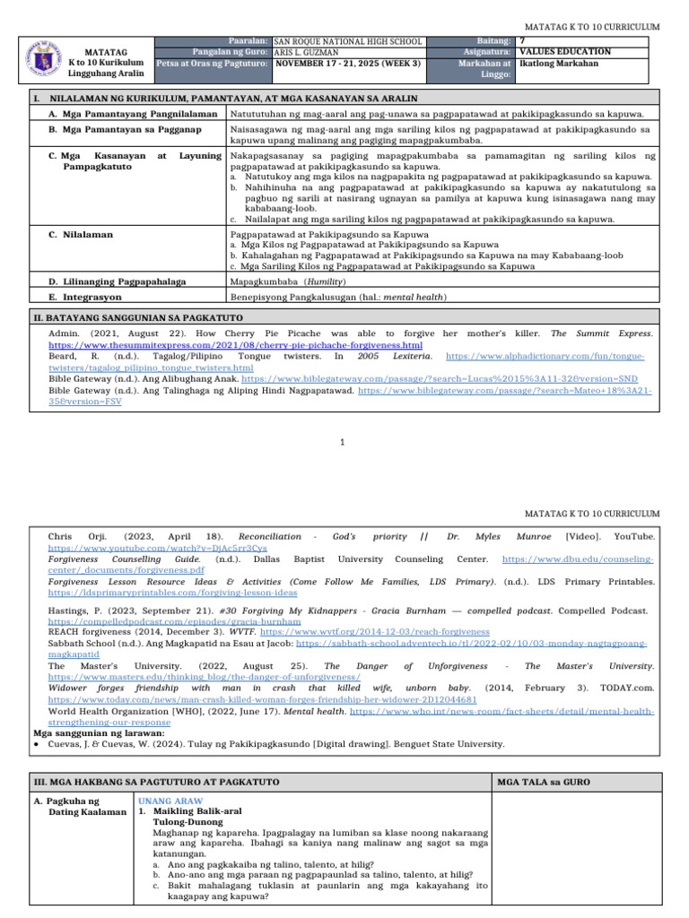 W3.DLL Matatag - Values Education 7 Q3 W3 | PDF