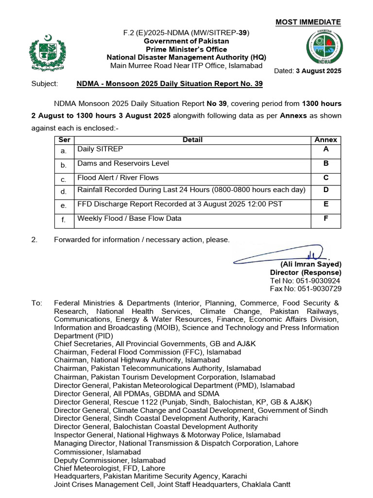 NDMA Monsoon 2025 SITREP #39 Report | PDF | Islamabad | World Politics