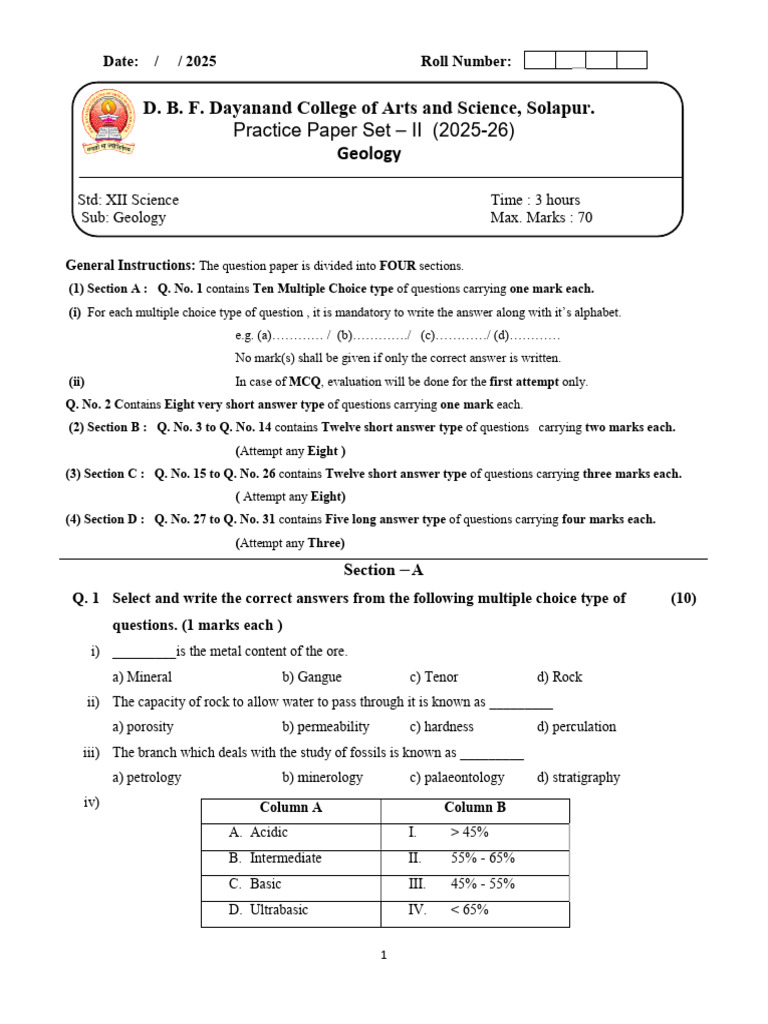Geology Practice Paper Set 2025-26 | PDF | Geology | Earth Sciences