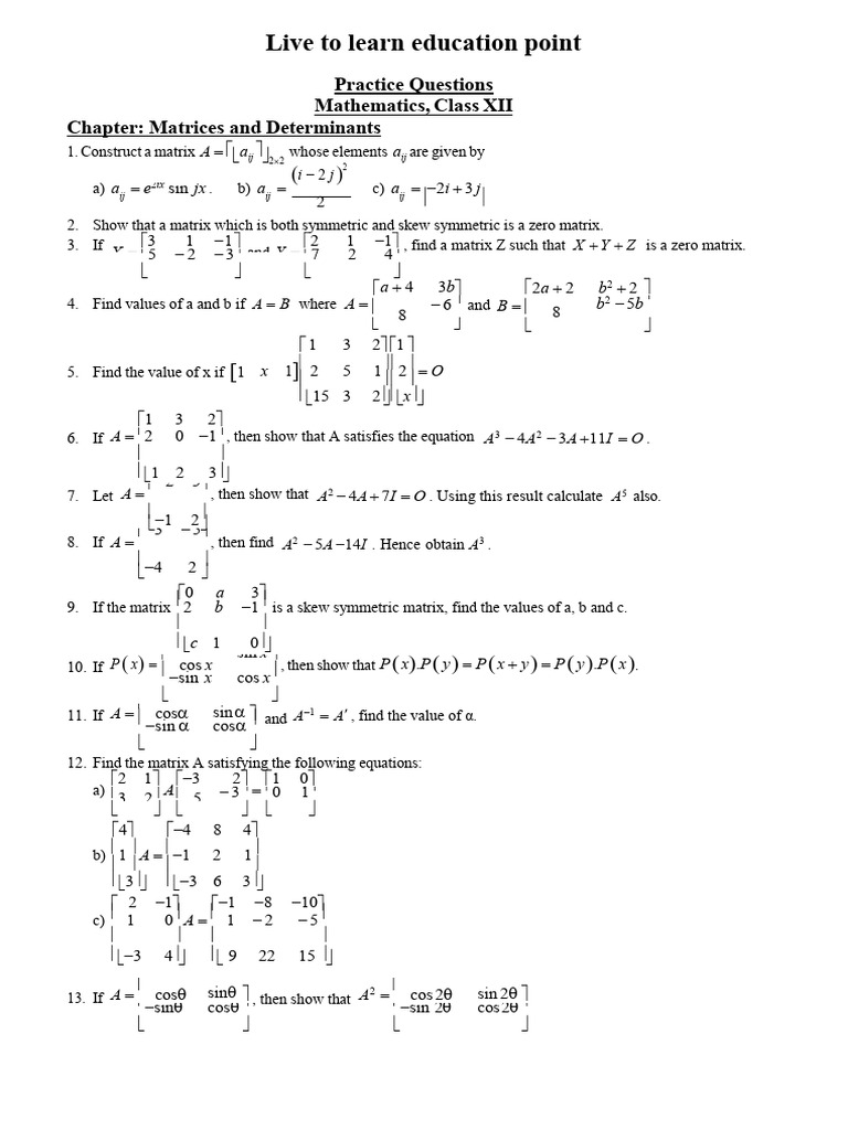 Class XII Mathematics: Matrices & Determinants | PDF | Matrix ...