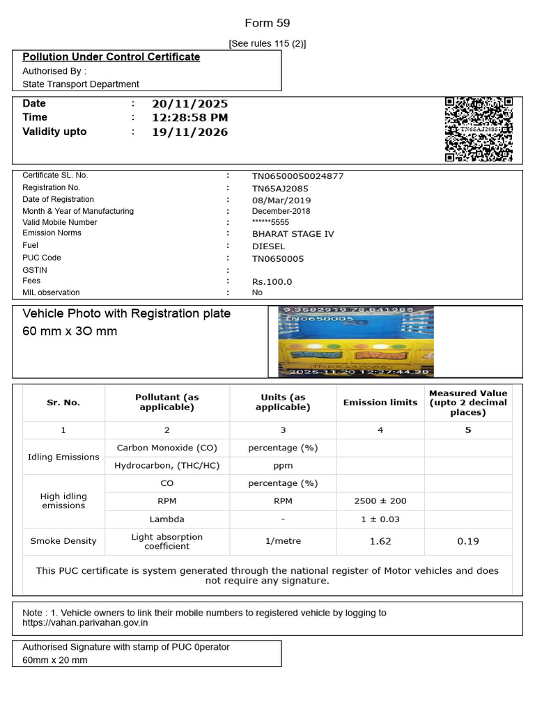 Pollution Under Control Certificate Details | PDF | Exhaust Gas | Human ...