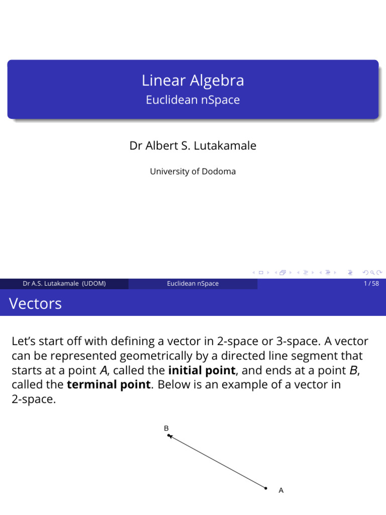 Lecture Three Euclidean n Space i | PDF | Euclidean Vector | Norm ...