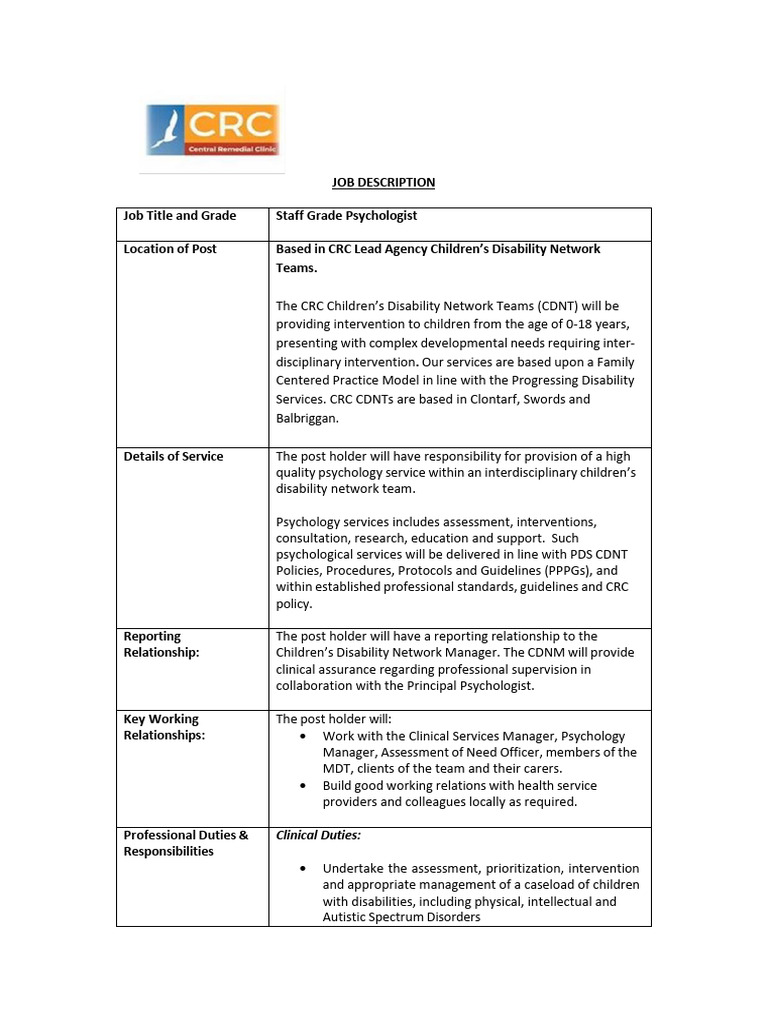 59895_Staff Grade Psychologist CDNT Job Spec | PDF | Occupational ...