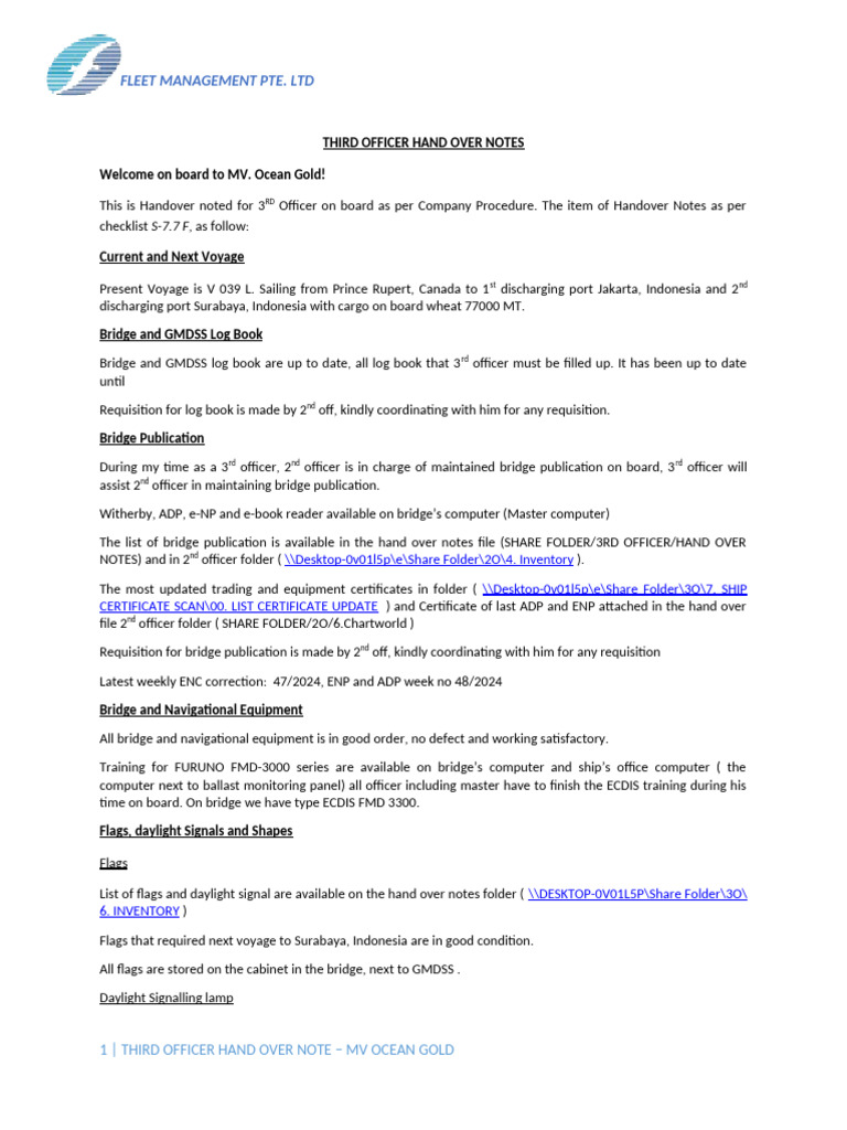 3rd Officer Handover Notes: MV Ocean Gold | PDF | Anchor | Ships