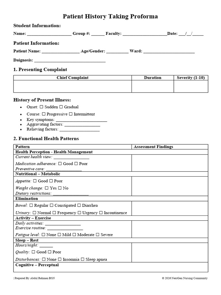 Patient History Taking Proforma Template | PDF | Sleep | Urinary ...