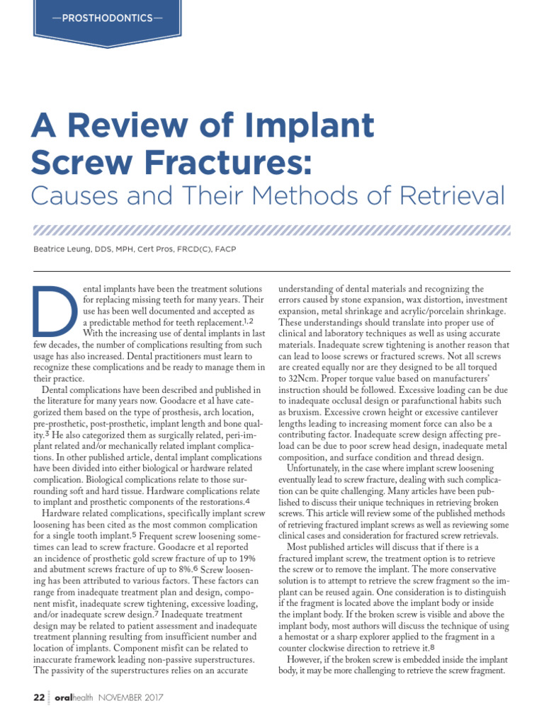 Implant Screw Fractures: Causes & Retrieval | PDF | Dental Implant ...