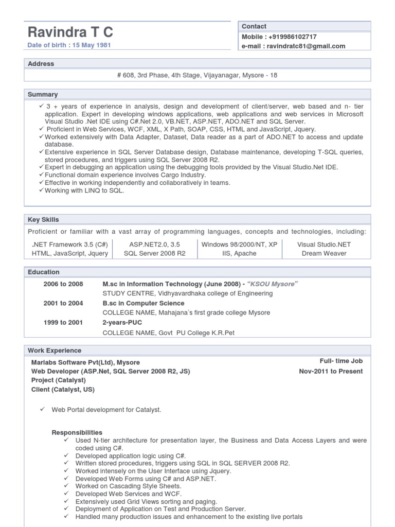 Ravindra T C - ASP.NET Developer Profile | PDF