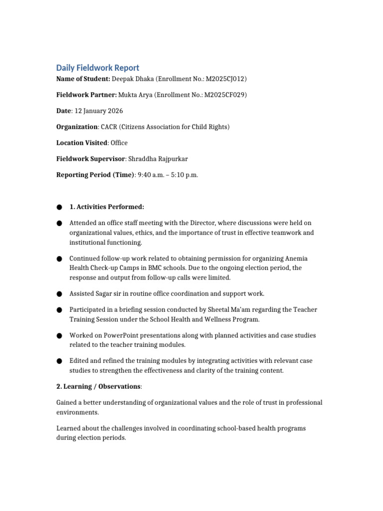 Daily Fieldwork Report: CACR Activities | PDF | Teachers