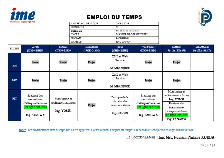 Emploi du temps Master 2 2025-2026 | PDF