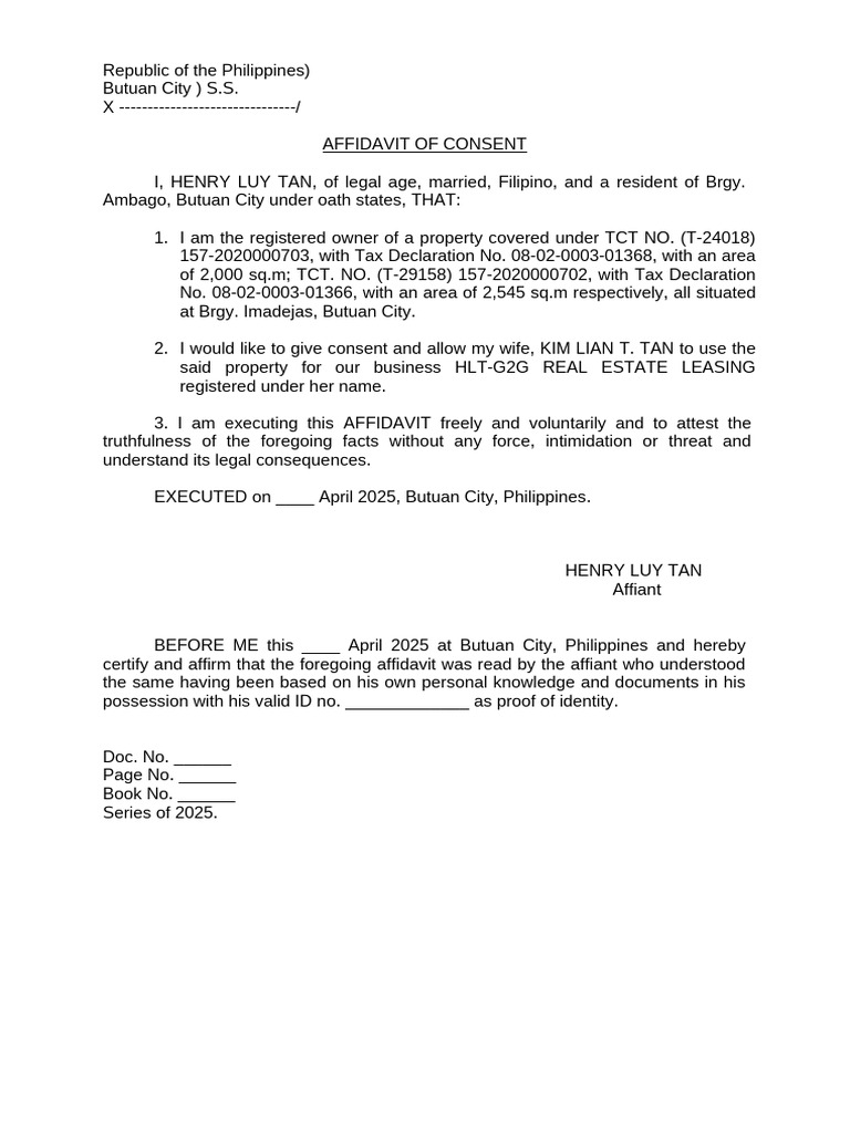 Affidavit of Consent for Property Use | PDF