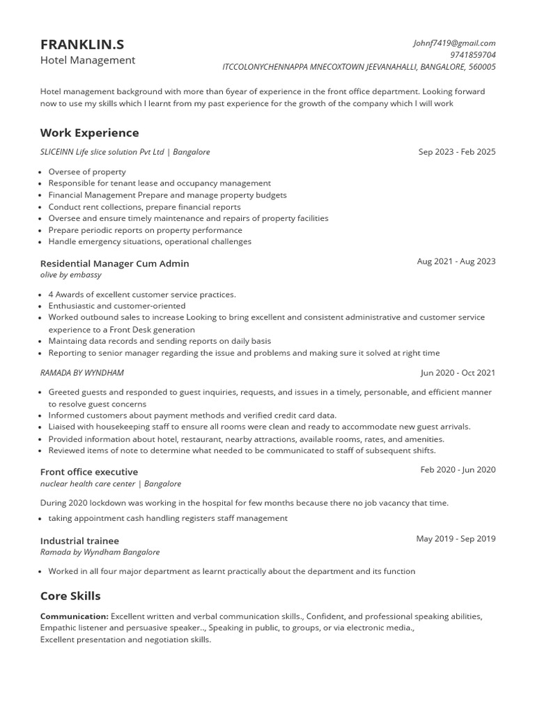 FRANKLIN.S - Hotel Management Resume | PDF | Hotel