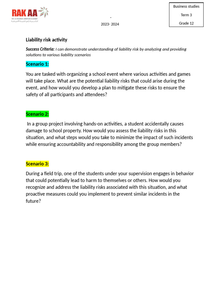 Grade 12 Liability Risk Assessment Guide | PDF | Risk | Safety