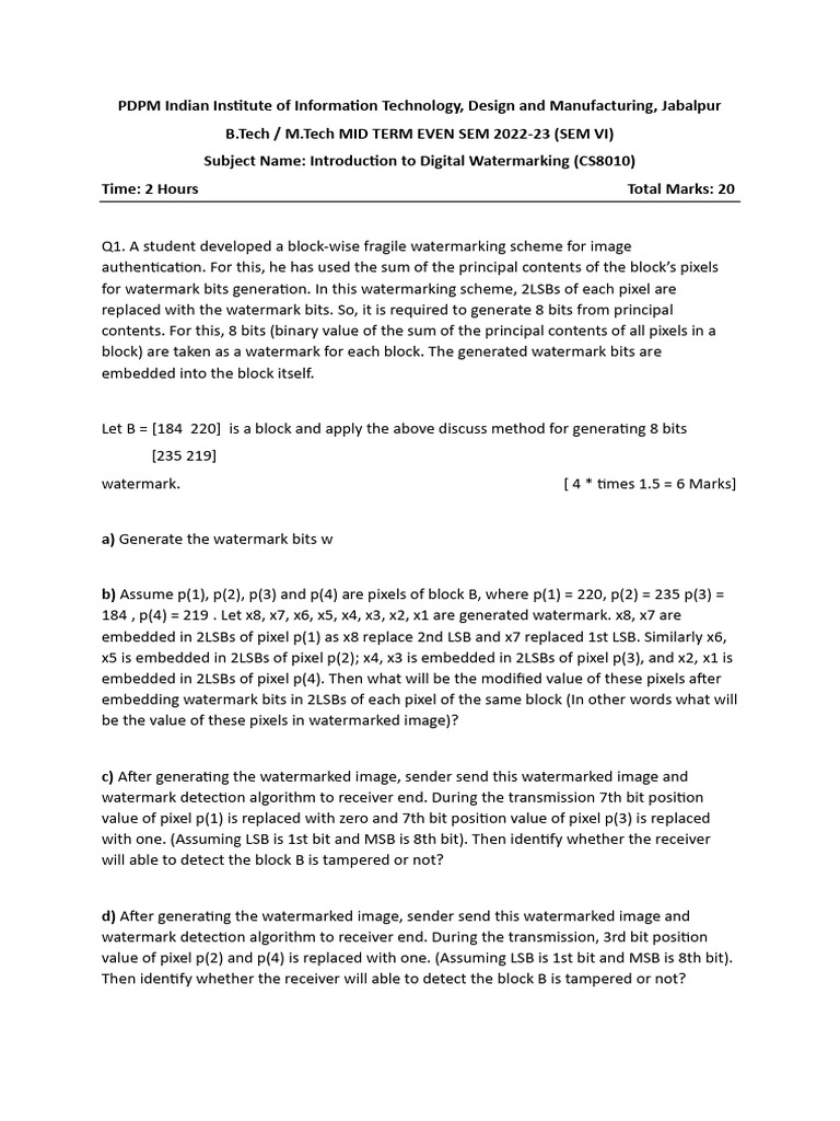 Digital Watermarking Exam Questions | PDF | Applied Mathematics ...