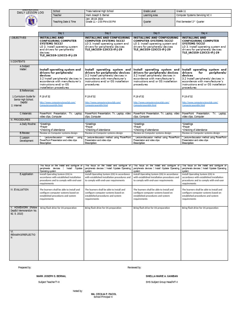 Grade 11 Computer Systems Lesson Plan | PDF | Operating System | Learning