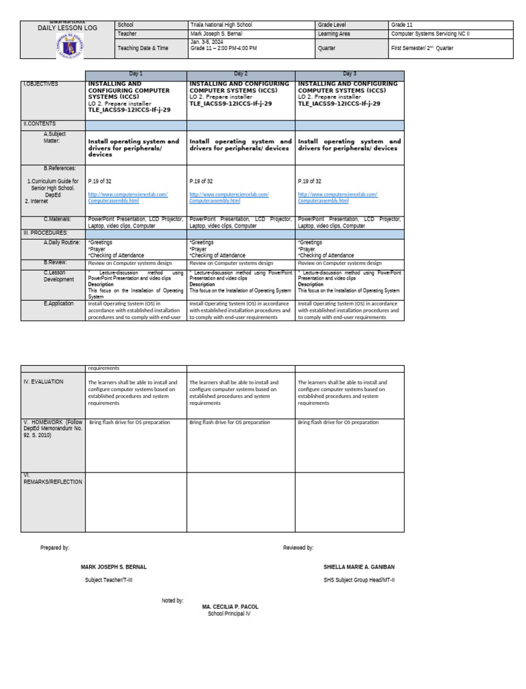 Grade 11 Computer Systems Lesson Plan | PDF | Learning | Computing