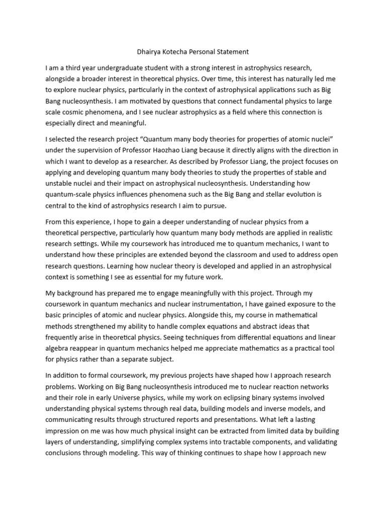 Astrophysics Research Personal Statement | PDF | Physics | Astrophysics
