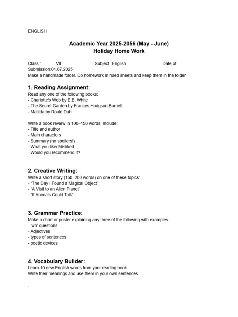Class VII Holiday Homework Assignments | PDF