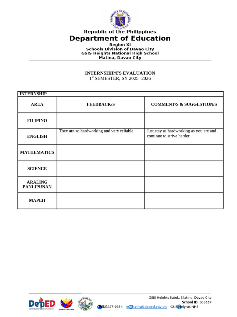 GSIS Heights NHS Internship Evaluation 2025 | PDF