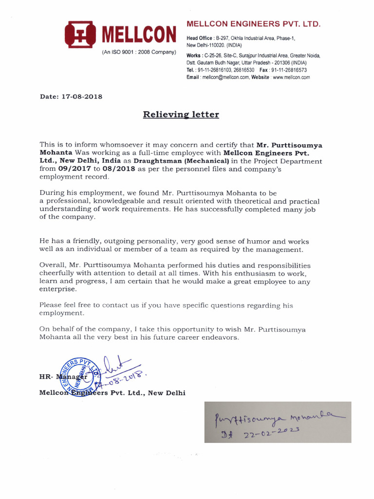 2.1 (Company 1) Relieving Letter | PDF