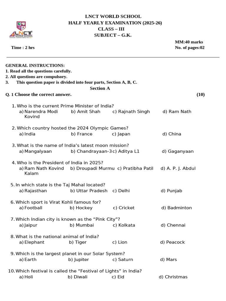 Class 3 g.k Term 1 Set a | PDF