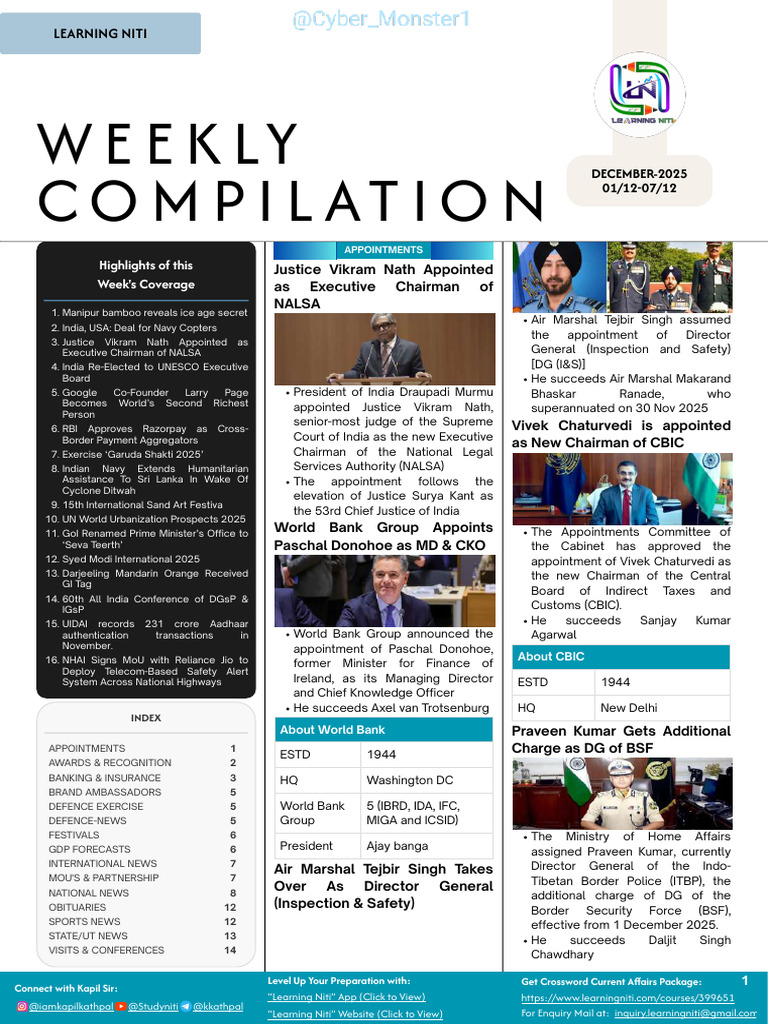 Weekly Current Affairs Highlights | PDF | Reserve Bank Of India