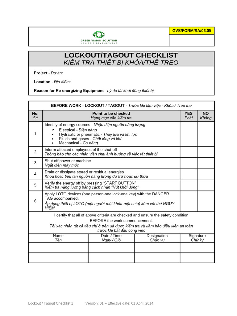 Form Sa 06 05 LOTO Checklist | PDF