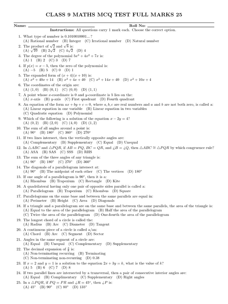 Class 9 Maths MCQ Test Questions | PDF | Circle | Geometry