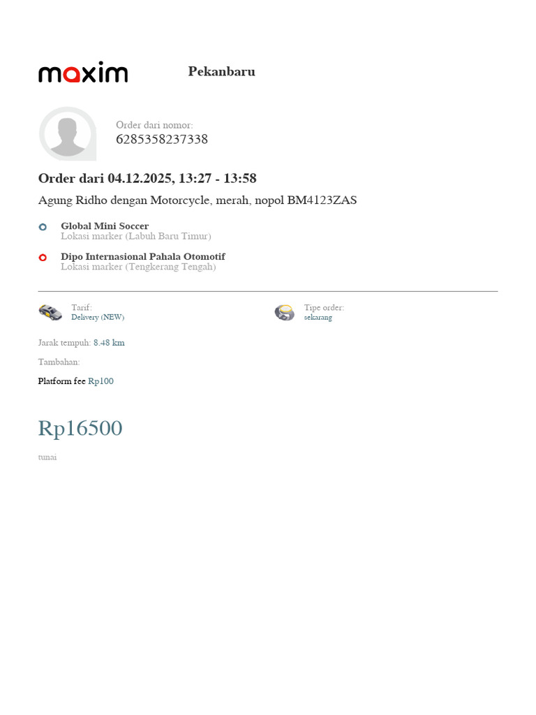 Order Pengantaran Agung Ridho Pekanbaru | PDF